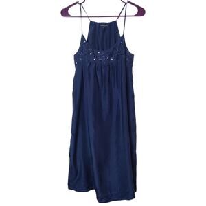 Eileen Fisher Small Silk Sequin Beaded Racerback Mini Slip Dress Navy Blue Glam